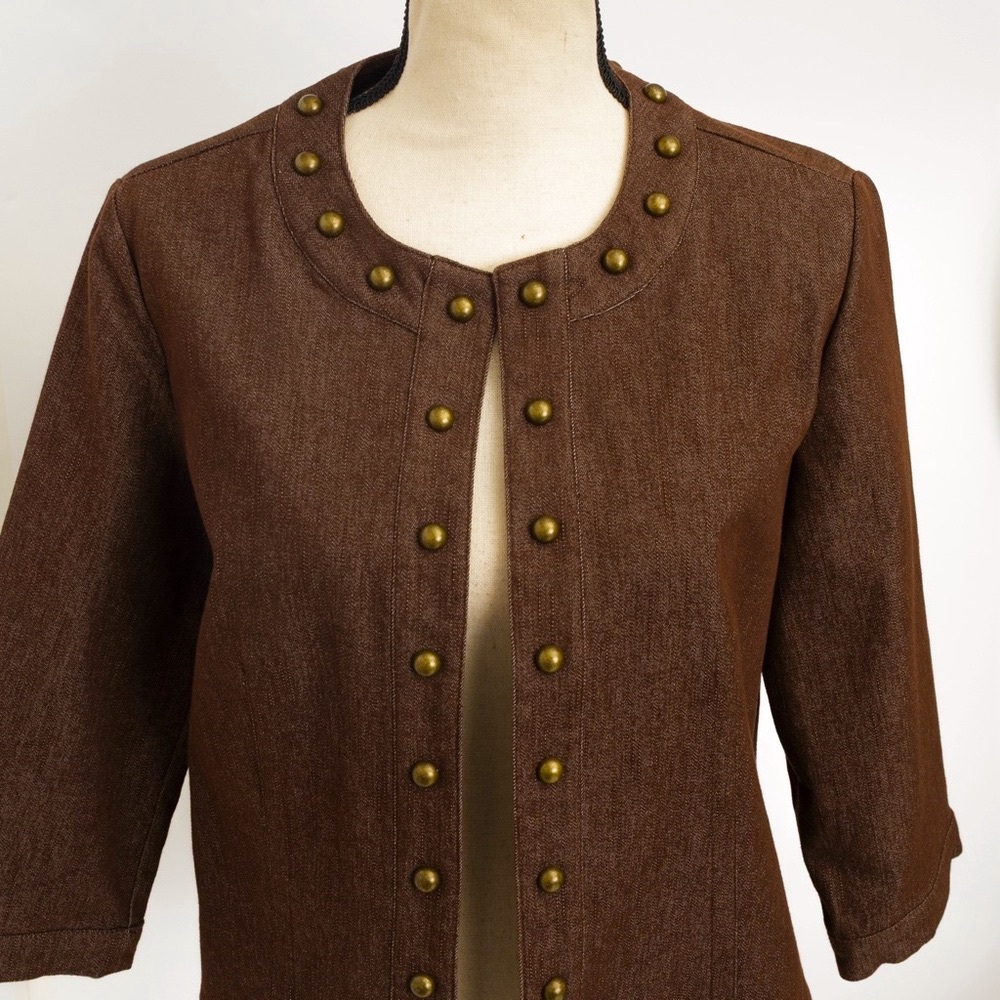 Chocolate denim jacket with antique gold studs embellished jacket NYCC M - Picture 4 of 11